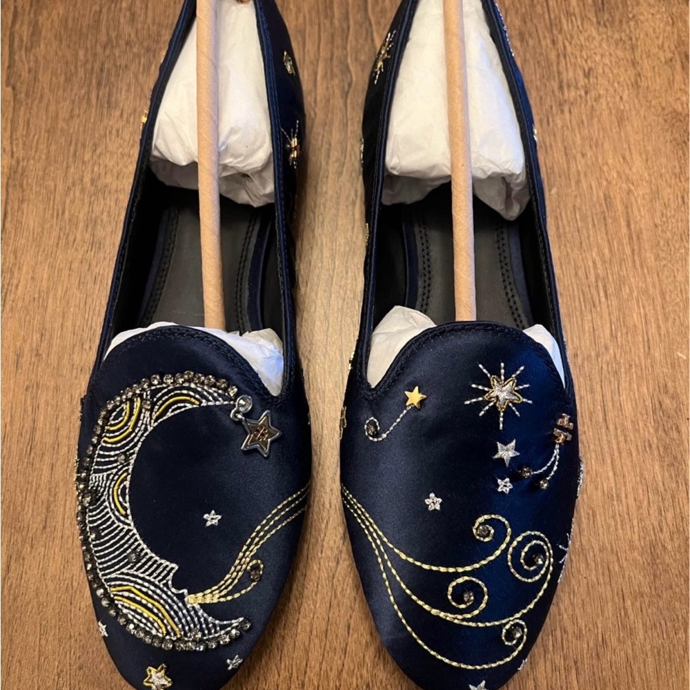 Embellished Navy Satin Women’s Loafers - Celestial Embroidery